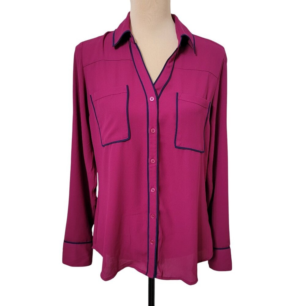 Express Magenta Button-Front Blouse with Navy Trim